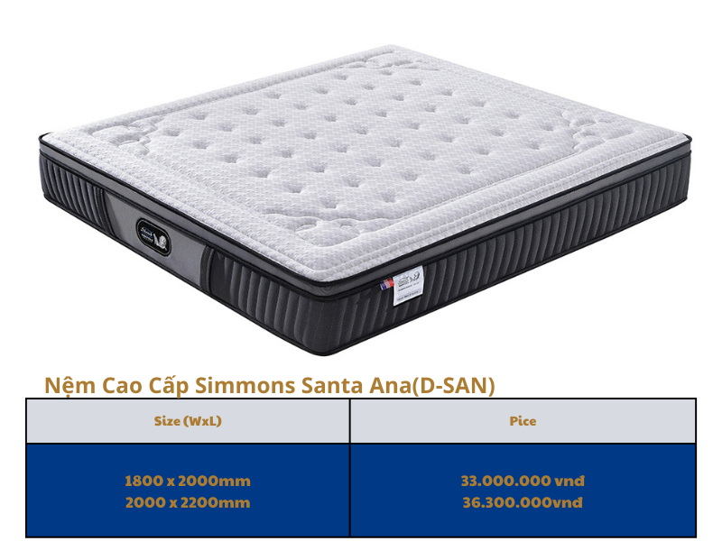 Kích thước nệm simmons tiêu chuẩn